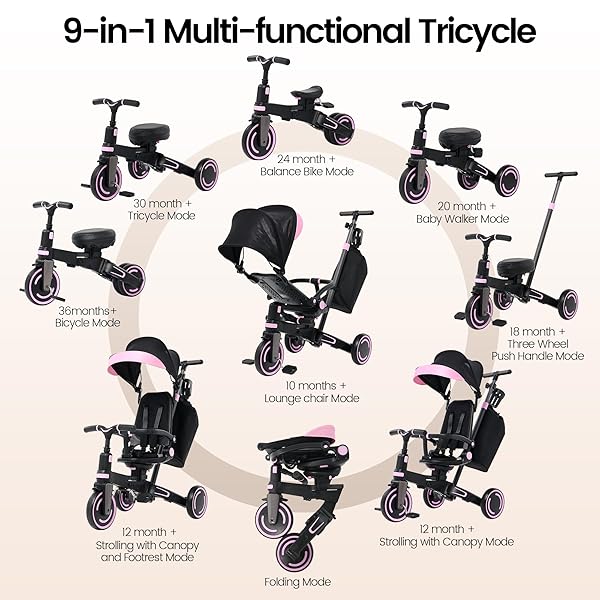 ANECO 9-IN-1 MULTI-FUNCTIONAL BABY TRICYCLE FOR TODDLERS 10 MONTHS-3 YEARS WITH REMOVABLE CANOPY ROTATABLE SEAT SAFETY HARNESS WHEEL BRAKE ADJUSTABLE PUSH HANDLE STORAGE BAG CUP HOLDER, BLACK AND PINK