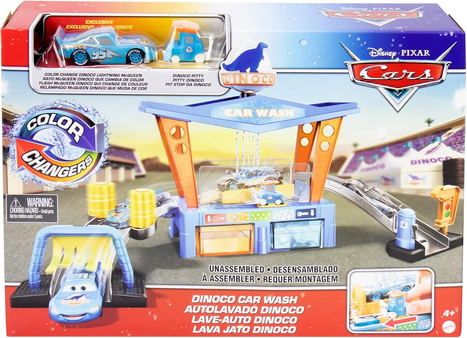 Disney Cars Toys and Pixar Cars Color Change Dinoco Car Wash Playset with Pitty and Exclusive Lightning McQueen Vehicle, Interactive Water Play Toy for Kids Age 4 Years and Older: Toys & Games