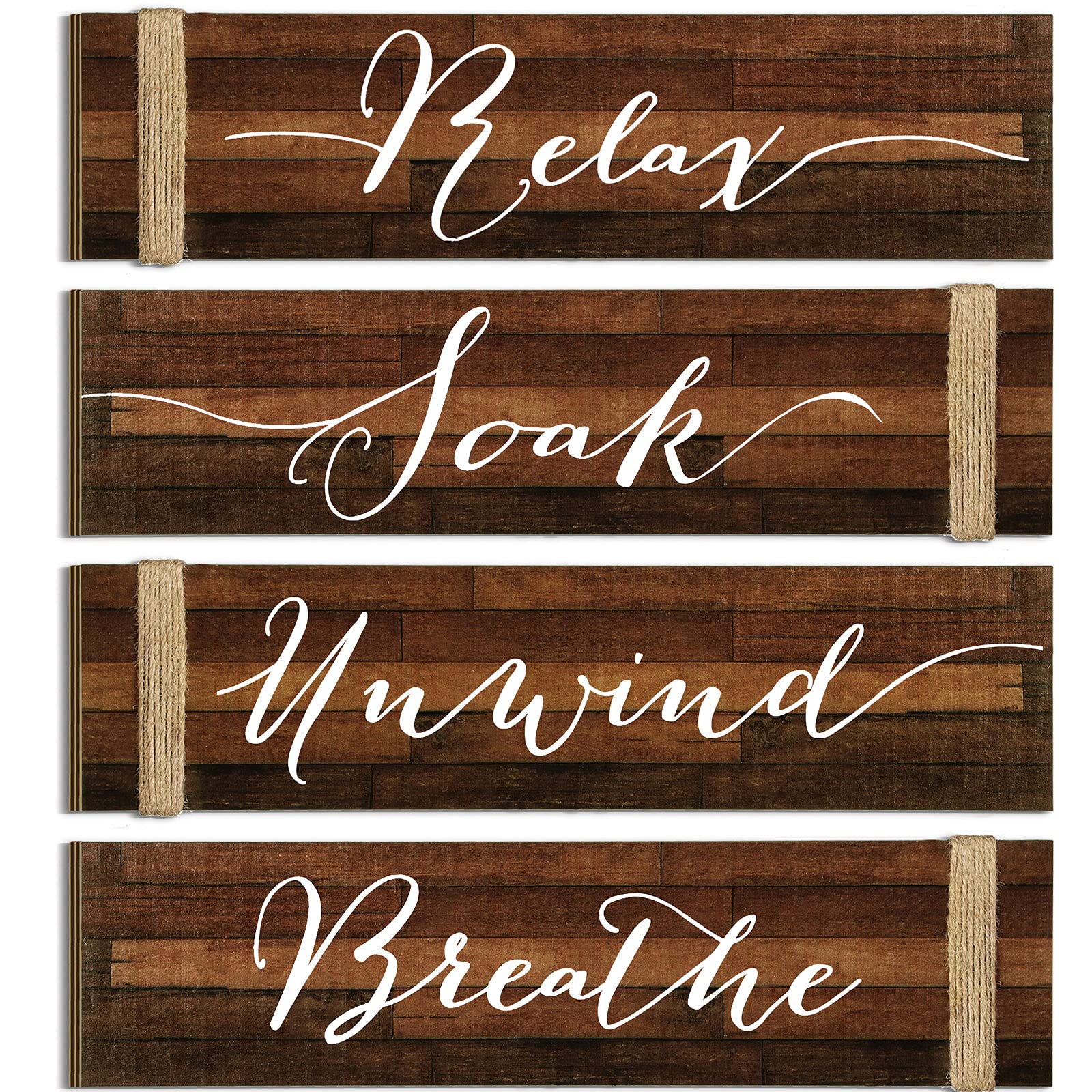 Jetec 4 Pieces Farmhouse Bathroom Decor Wall Art Bathroom Sign Rustic Decor Relax Soak Unwind Breathe Wood Sign for Home Spa Bath Decoration, 11.8 x 3 Inch(Brown)