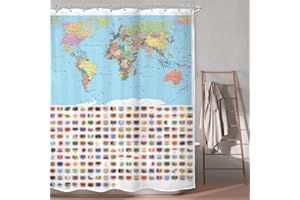 LGhtyro World Map Shower Curtain 60Wx71H Inch with Detailed Major Cities National Geography Educational Geography Bath Curtains Accessories Set for Kids Teens Art Home Decor Fabric 12 Pack Hooks