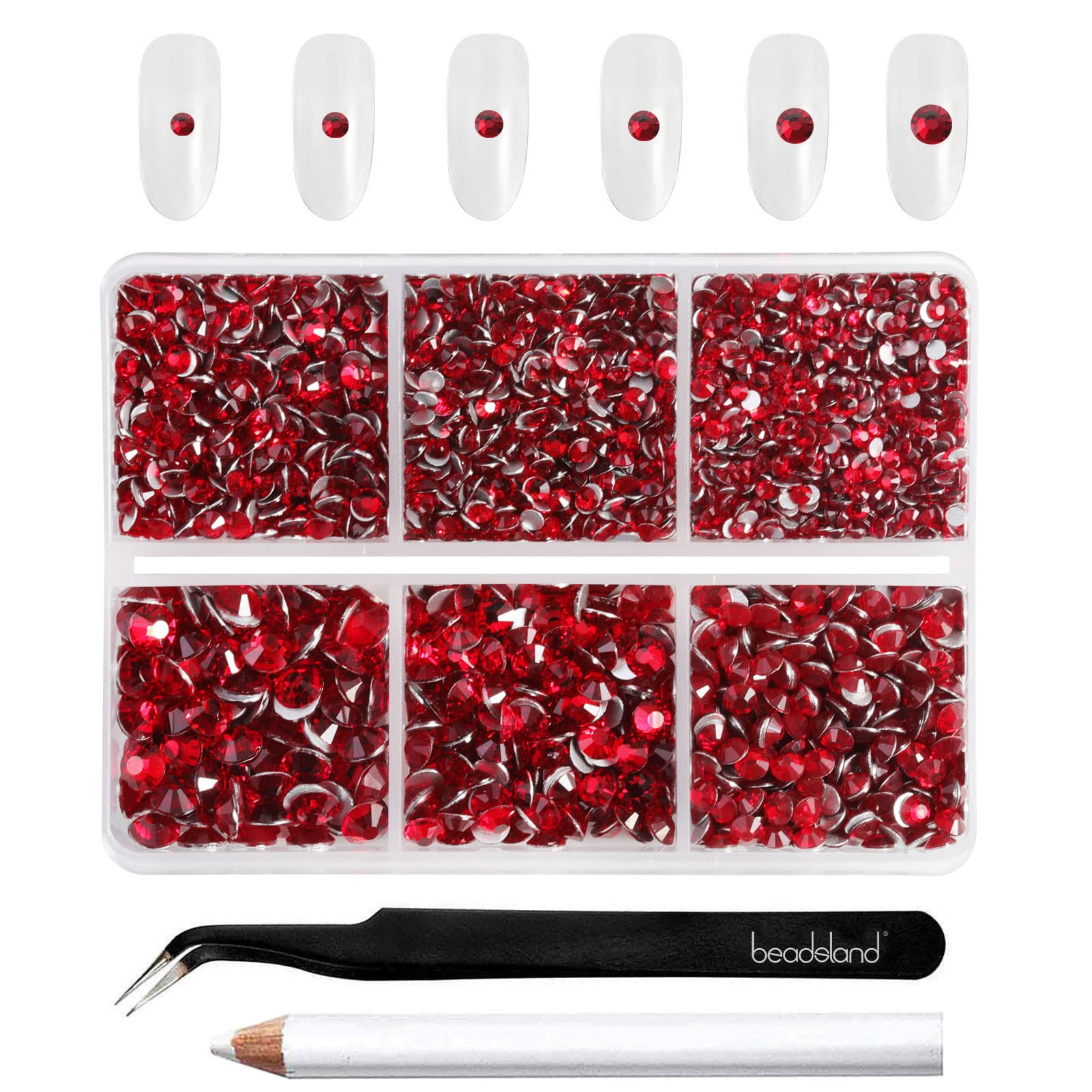 Beadsland 4300pcs Flatback Nail Rhinestones,Red Rhinestones Round Crystal Gems for Crafts,Mixed 6 Sizes with Picking Tweezers and Wax Pencil Kit, SS6-SS20, Siam