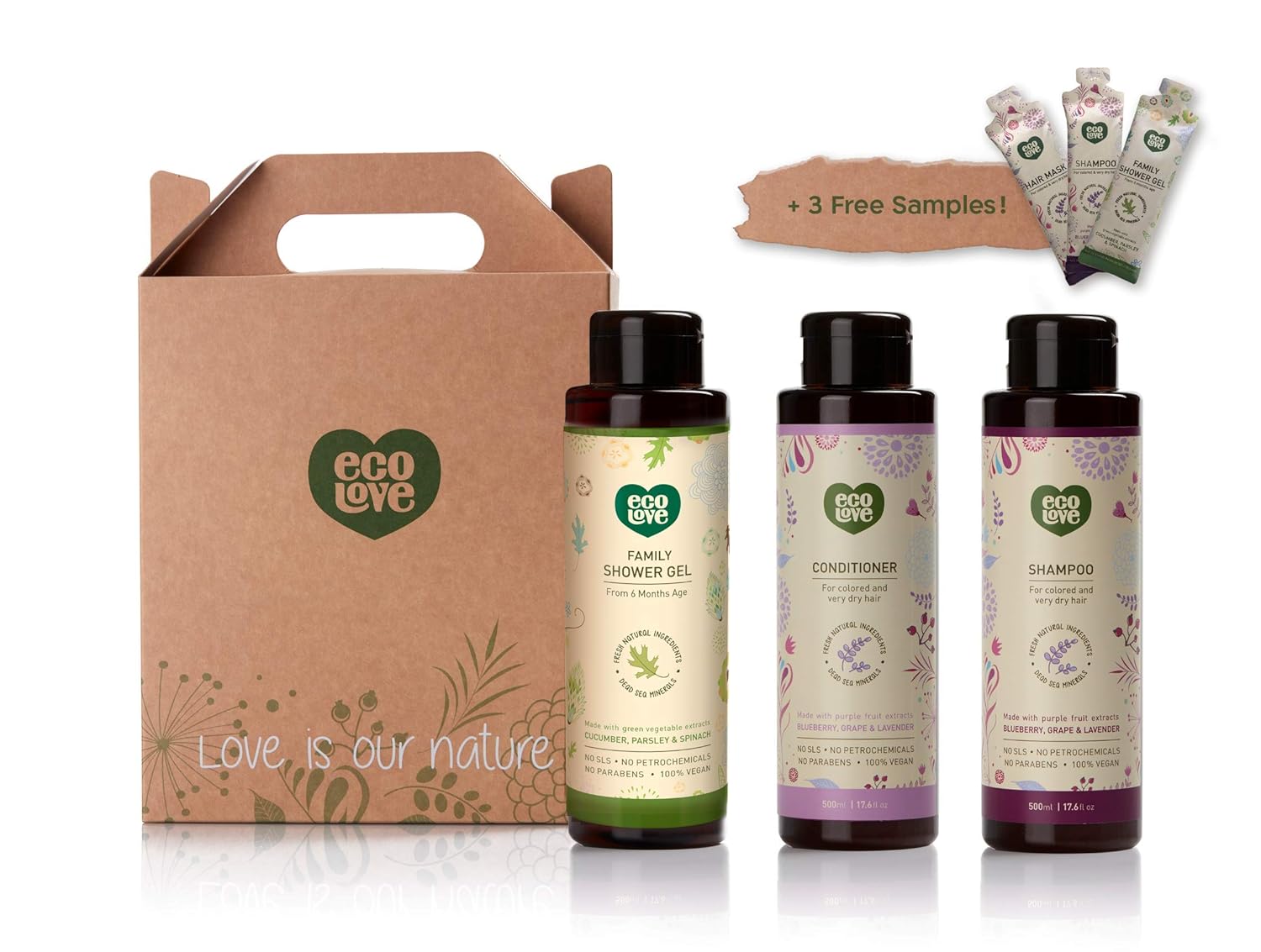 ecoLove Natural Shampoo,Conditioner&Green Body Wash Set (Pack of 3) with Organic Blueberry, Grape and Lavender Extract for Color Treated Hair Dry Damaged Hair and Dry Skin Vegan SLS Free (3 x 17.6 oz)