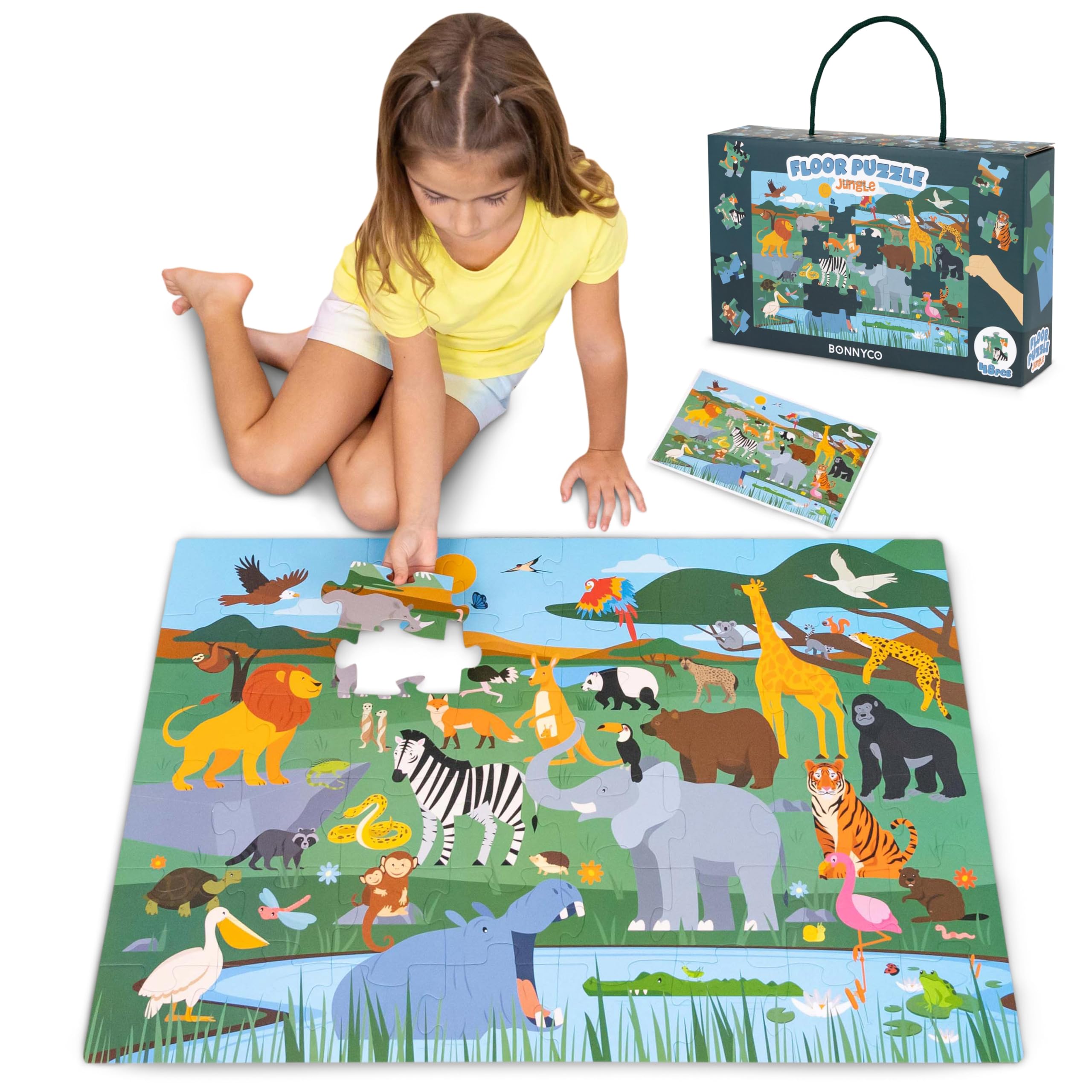 BONNYCO XXL Puzzle Kinder Dschungeltiere mit 48 Große Teile. Safari Bodenpuzzle XXL 92 x 62 cm als Geschenke für Kinder. Puzzel Lernspielzeug für Jungs und Mädchen 2-8 Jahre