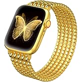 fastgo Gold Beaded Bracelet Band Compatible with Apple Watch Band 41mm/40mm/38mm/44mm/45mm/42mm/49mm Women, Dressy Elastic Stretchy Beaded Strap for Iwatch Series 9 Ultra 8 7 6 5 4 3 2 1 SE(Gold)