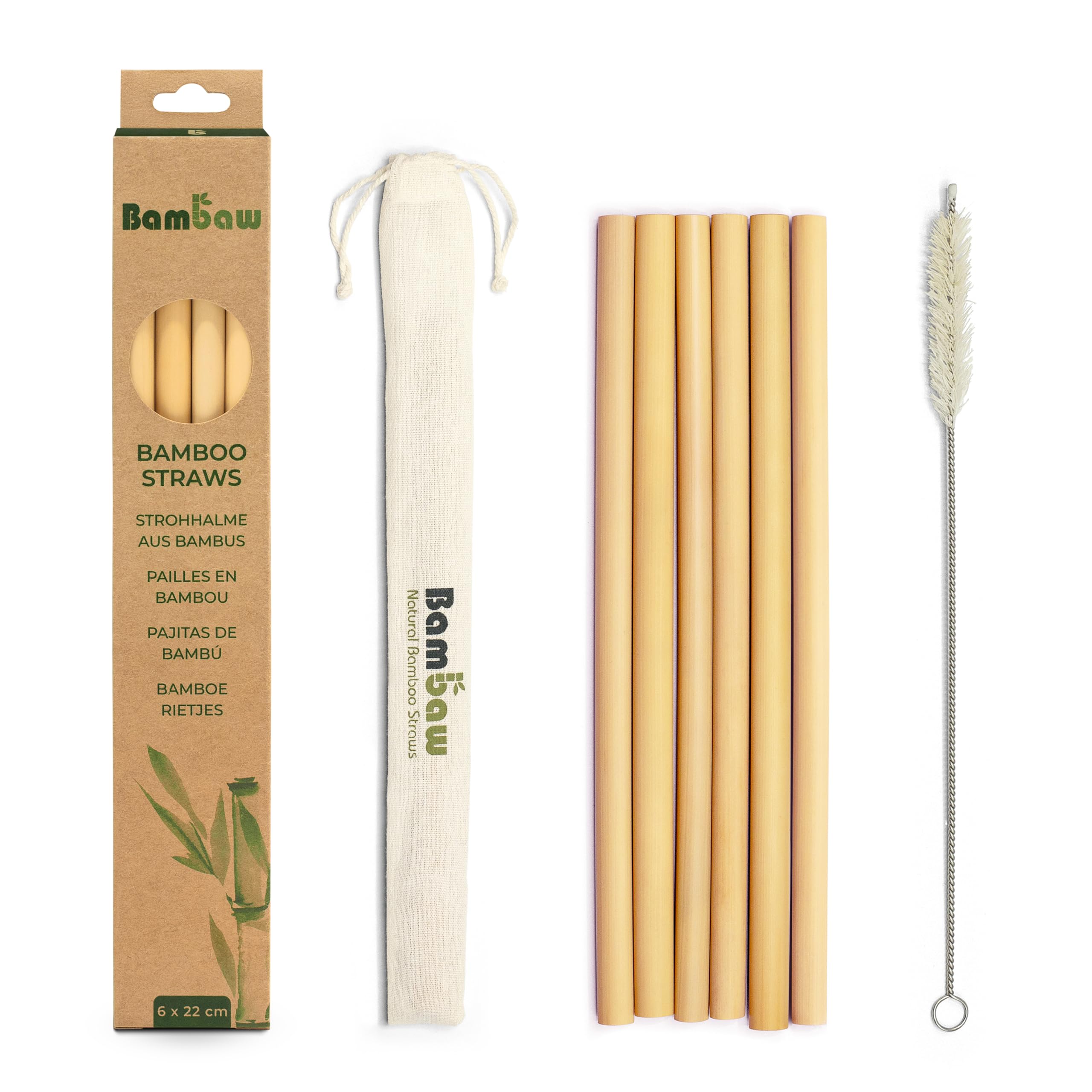 Bambaw Reusable Bamboo Straws - Strong & Durable, Biodegradable, Eco-Friendly, Pack of 6 - 22 cm