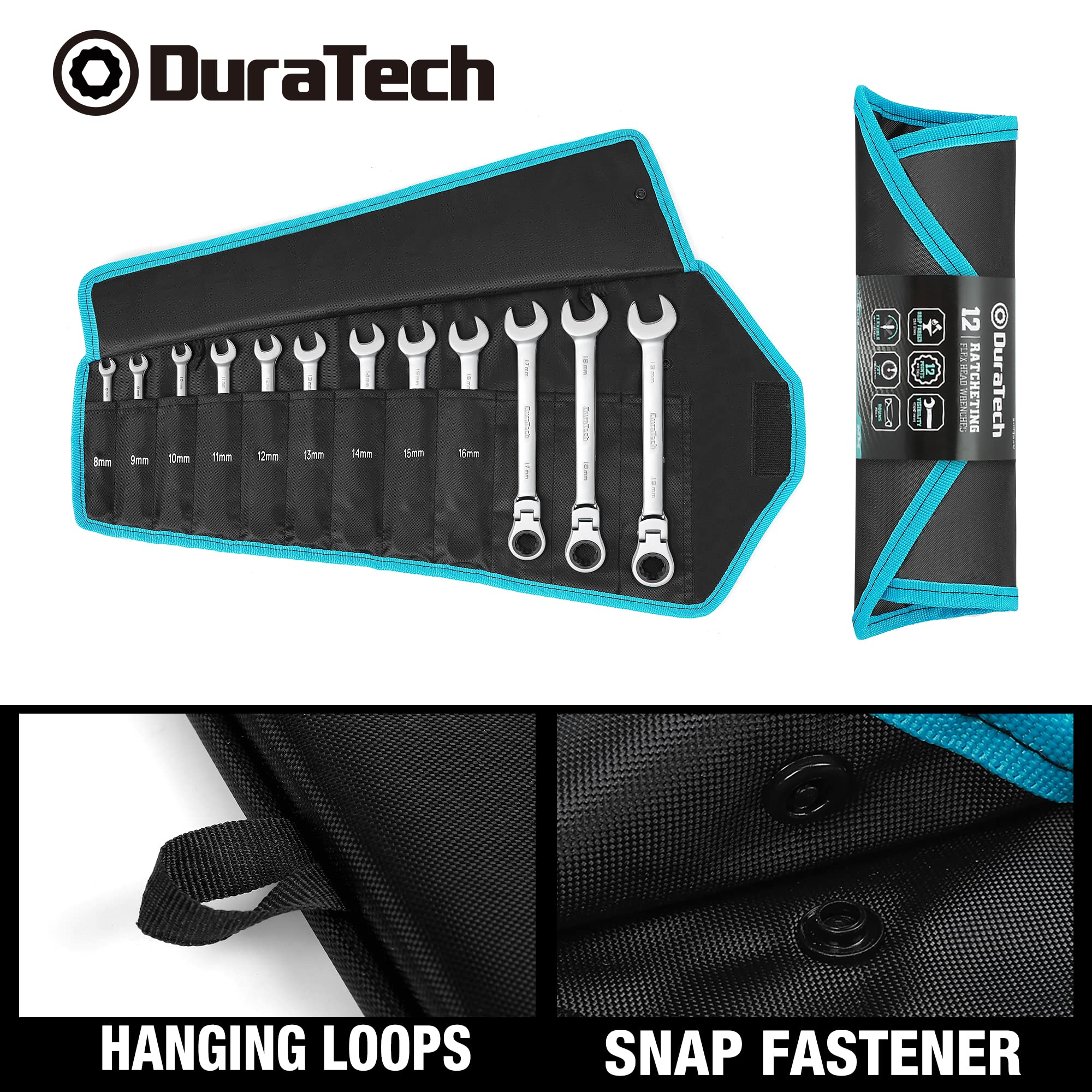 DURATECH Gelenk-Ratschenschlüssel Set, 12-teilig, 8-19 mm, Gabelschlüssel Ringmaulschlüssel Ring-Satz, mit 72 Zähnen, 5° Schwenkbereich, Chrom-Vanadium-Stahl, inkl. Rolltasche 6