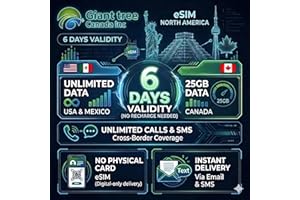 Prepaid North America Travel eSIM 6 Days - Unlimited Data in USA & Mexico, 25GB Canada - Unlimited Calls & Texts - Digital De