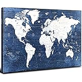 World Map Canvas Wall Art Modern Office Pictures Decorations World Maps for Living Room Wall Decor Retro Global Map Poster Navy Blue Framed Painting Artwork Home Bedroom Decoration 12x16”