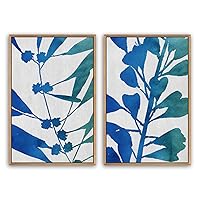 SIGNWIN Framed Canvas Print Wall Art Blue, Green Gradient Tropical Leaves Botanical Plants Block Print Minimalism Modern Relax/Calm for Living Room, Bedroom, Office - 16