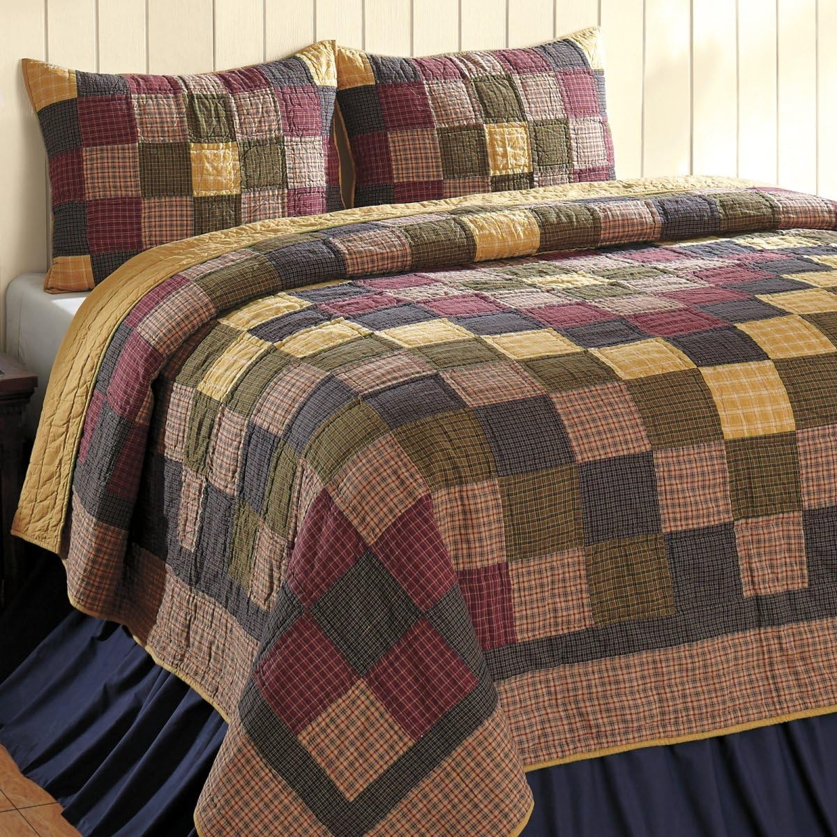 Becky Patchwork Wine, Black, Navy, and Tan 3 Piece Queen Country Quilt Set by VHC Brands