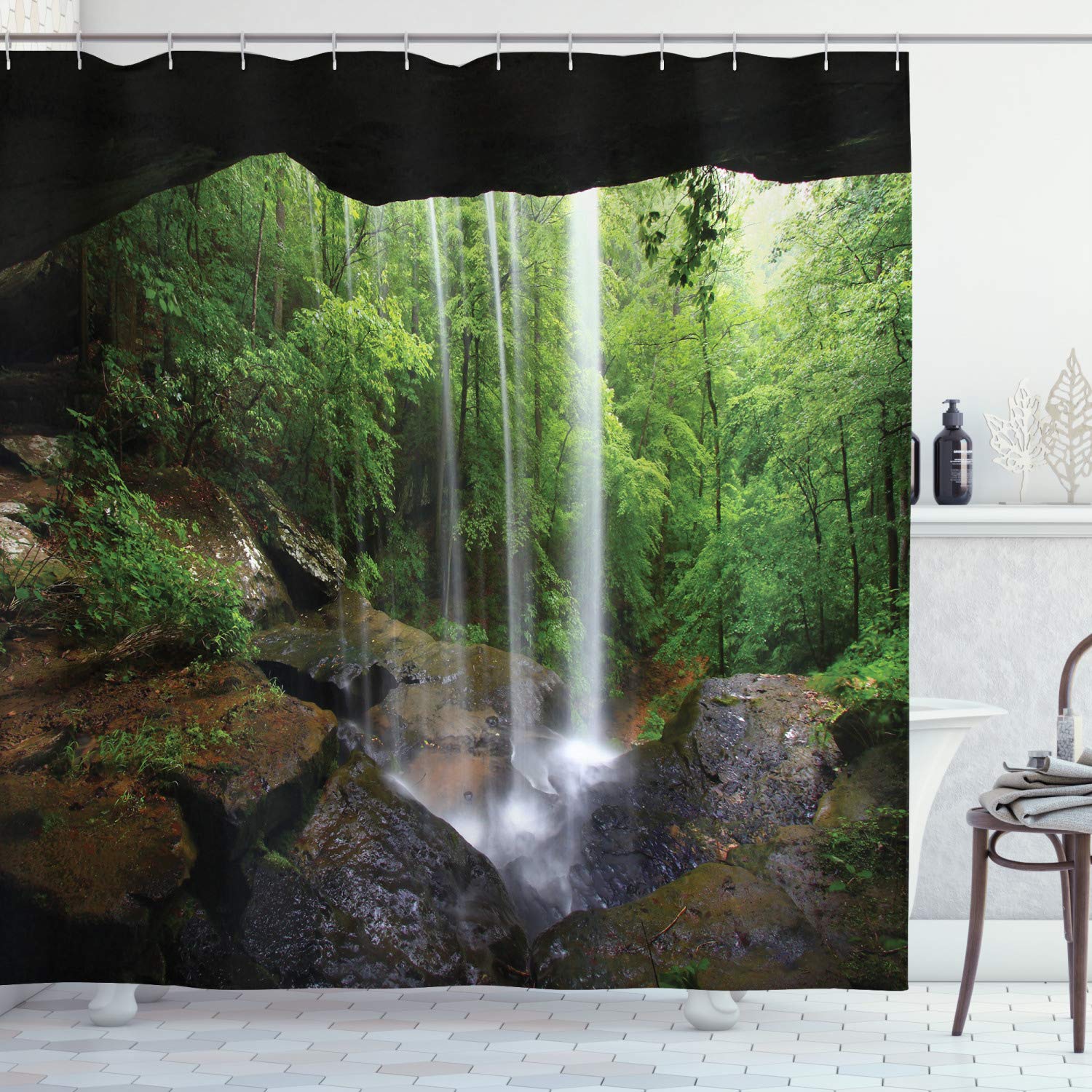 ABAKUHAUS Natural Cave Shower Curtain, Still Waterfall in the Forest in Northern Alabama Habitat Ecosystem Scenery, Cloth Fabric Bathroom Decor Set with Hooks, 94 Inches, Green Brown