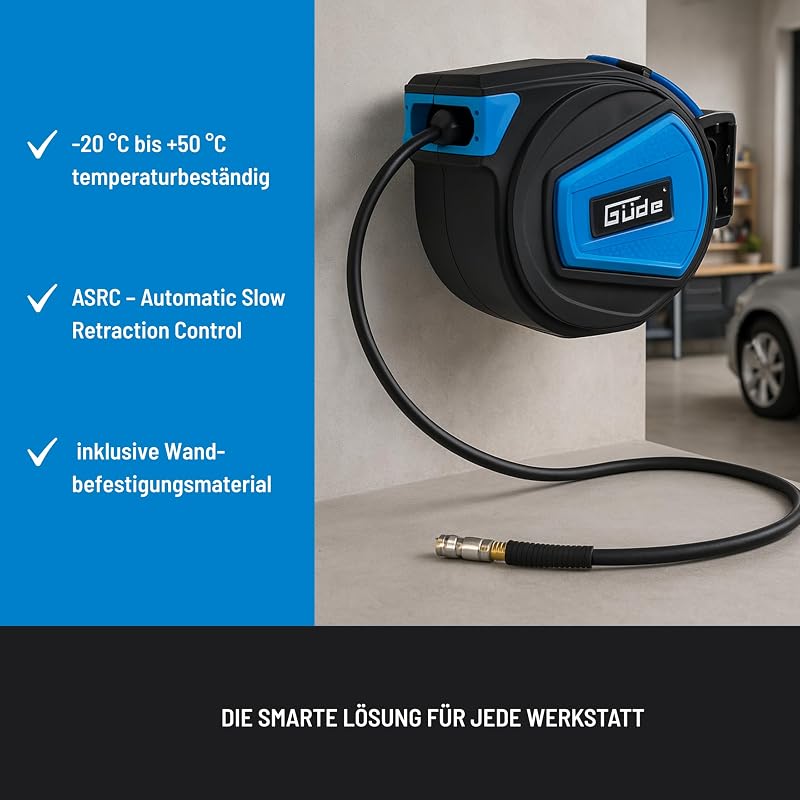 Automatikschlauchtrommel 15 m (12 bar, 180° schwenkbar, Druckluftschlauch Ø 16/9 mm hochflexibel, abriebfest, überfahrbar, chemikalien- und temperaturbeständig, Automatikeinzug, Wandhalterung)