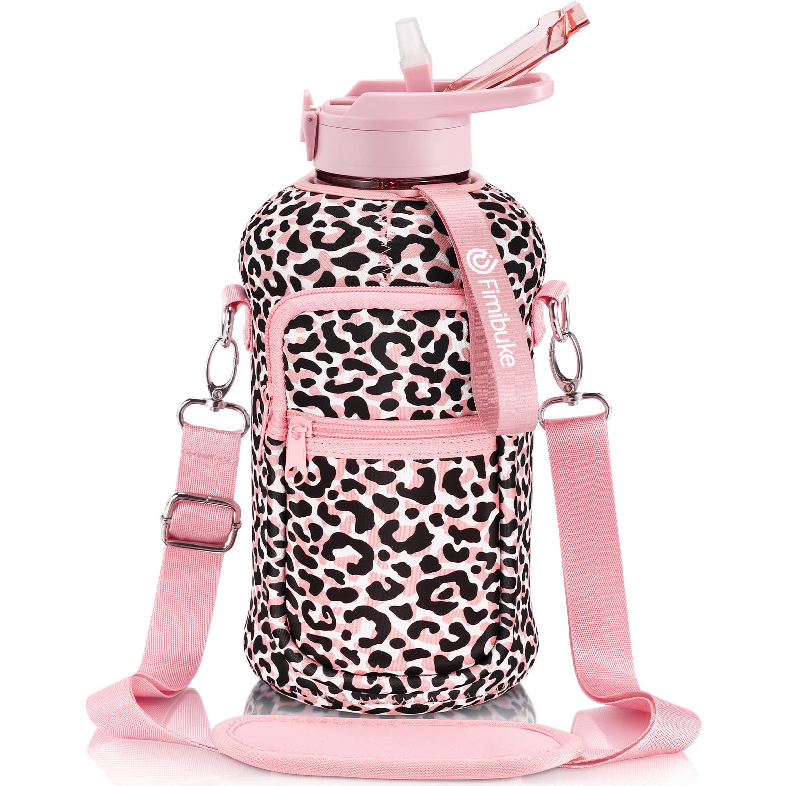 Photo 1 of Fimibuke Half Gallon Water Bottle with Sleeve 64 OZ Water Bottle with Handle & Straw Leakproof Motivational Sports Gym Water Bottle with Time Marker Water Jug with Neoprene Holder - Pink Leopard
