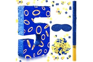 Simgoing Number 5 Blue and Golden Rings Piñata for Kids Birthday Cartoon Theme Small Piñata with Blindfold Stick Confetti for Fiesta Cinco De Mayo Party Decor, 15.8 x 11 x 2.8 Inch