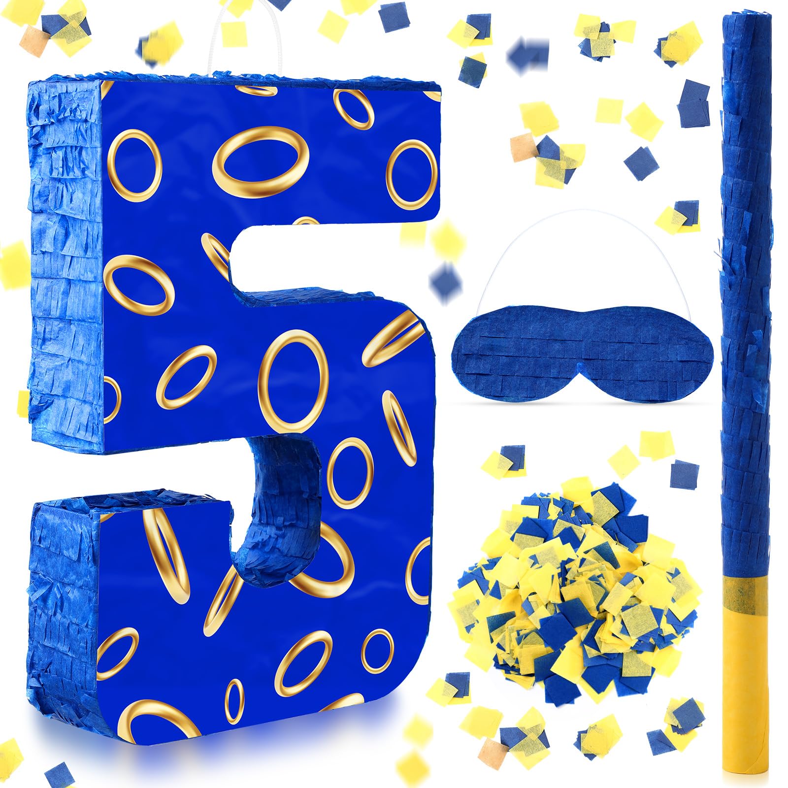 Photo 1 of Simgoing Number 5 Blue and Golden Rings Piñata for Kids Birthday Cartoon Theme Small Piñata with Blindfold Stick Confetti for Fiesta Cinco De Mayo Party Decor, 15.8 x 11 x 2.8 Inch