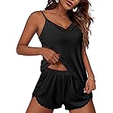 Ekouaer Womens Pajama Sets Soft Lingerie Sleepwear 2 Piece Cami Shorts Set V Neck Pj Lace Nightwear