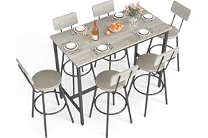 Rovibek 6 Piece Dining Table Set, Modern Bar Table and Chairs Set for 6 High Top Table and Chairs, Industrial Bar Height Pub Tables for Kitchen, Dining Room, Grey