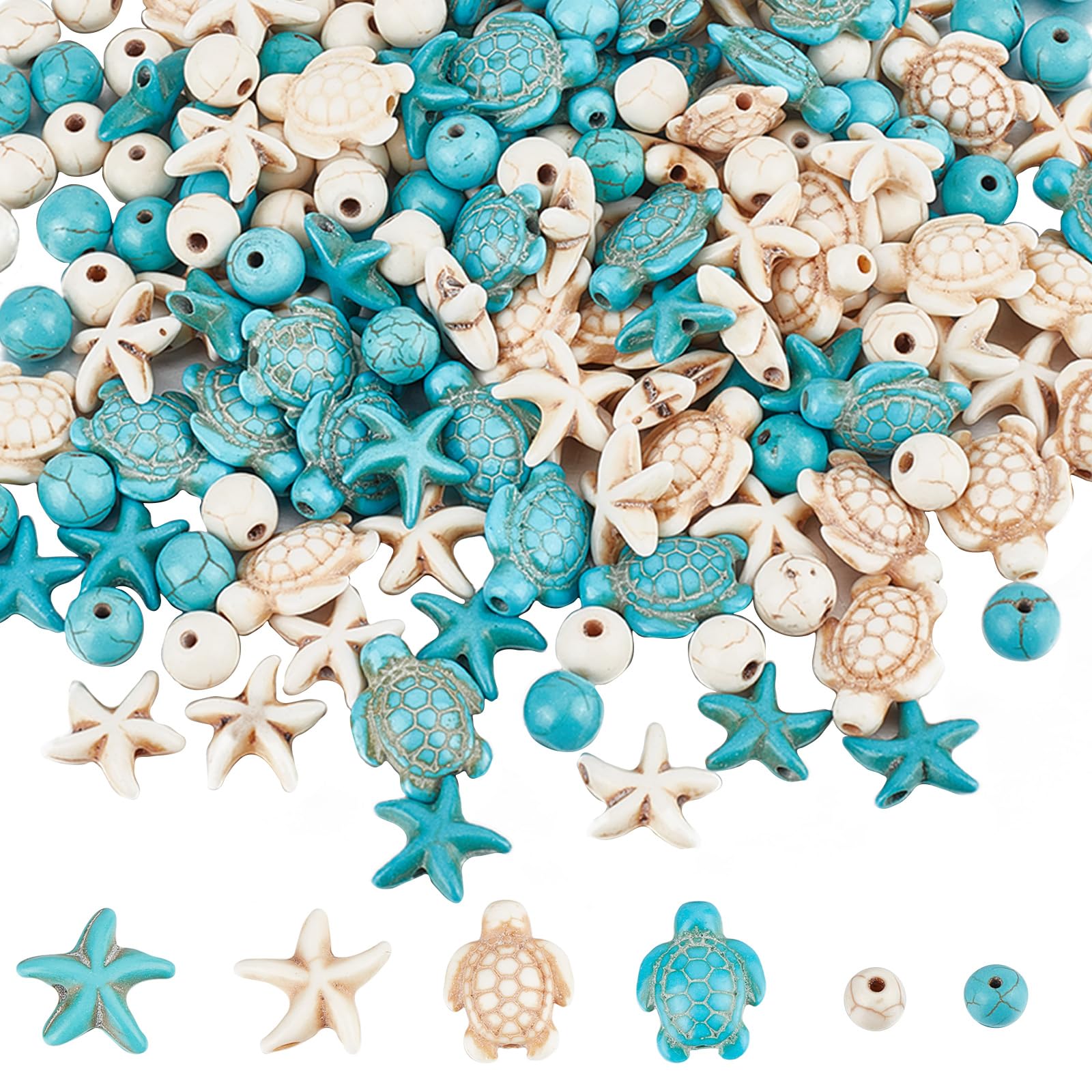 SUNNYCLUE 6 Strands 180 to 200Pcs Turtle Beads Turtles Charms Starfish White Blue Beads Bulk Synthetic Turquoise 8mm Round Bead Summer Ocean Sea Animal Bead for Jewellery Making Beading Kit DIY Craft