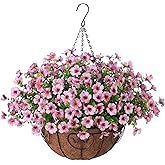 Ammyoo Artificial Flowers Hanging Basket for Outdoor Indoor Spring Summer Decor,Fake Silk Colorful Daisy Eucalyptus in 12" Metal Coconut Lining Flowerpot Arrangement for Home Patio Yard Decor(Pink)