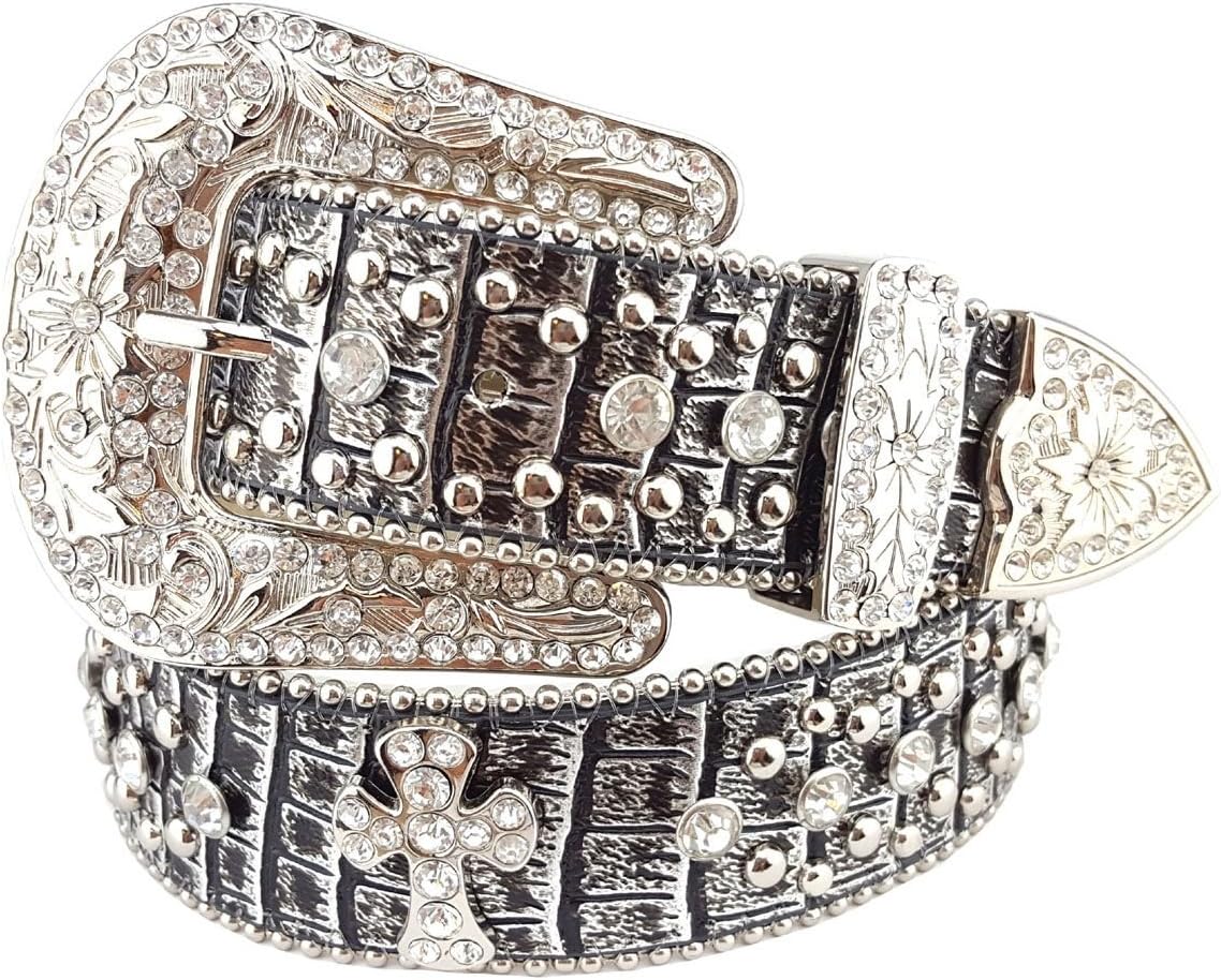 Western Crystals Cross and Studs Rhinestone Belt in Croco Silver SM