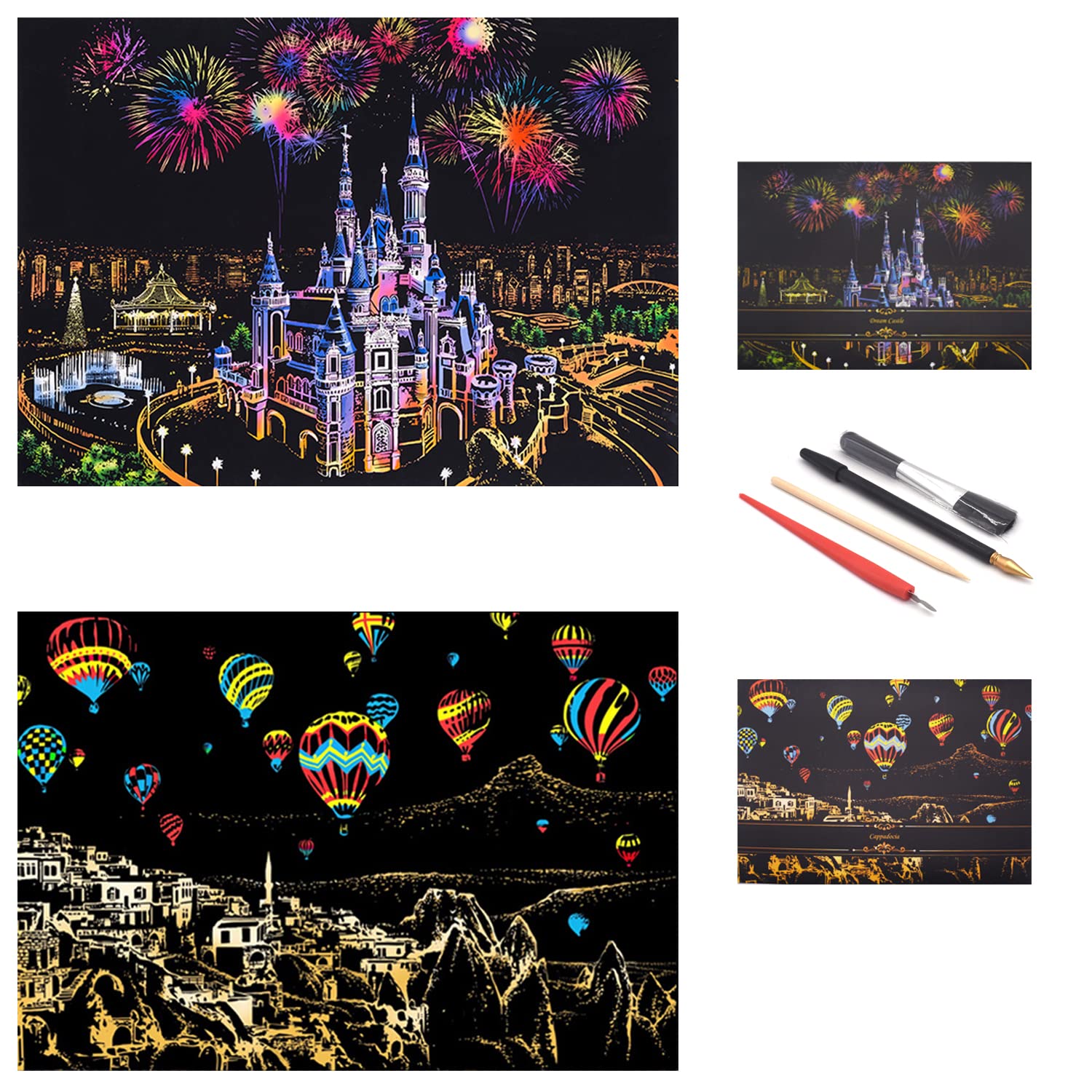 SiYear Scratch Paper Rainbow Painting Sketch, City Series Night Scene,Scratch Painting Creative Gift,Scratchboard for Adult with 4 Tools'' (Castle + hot air balloon โ image 1