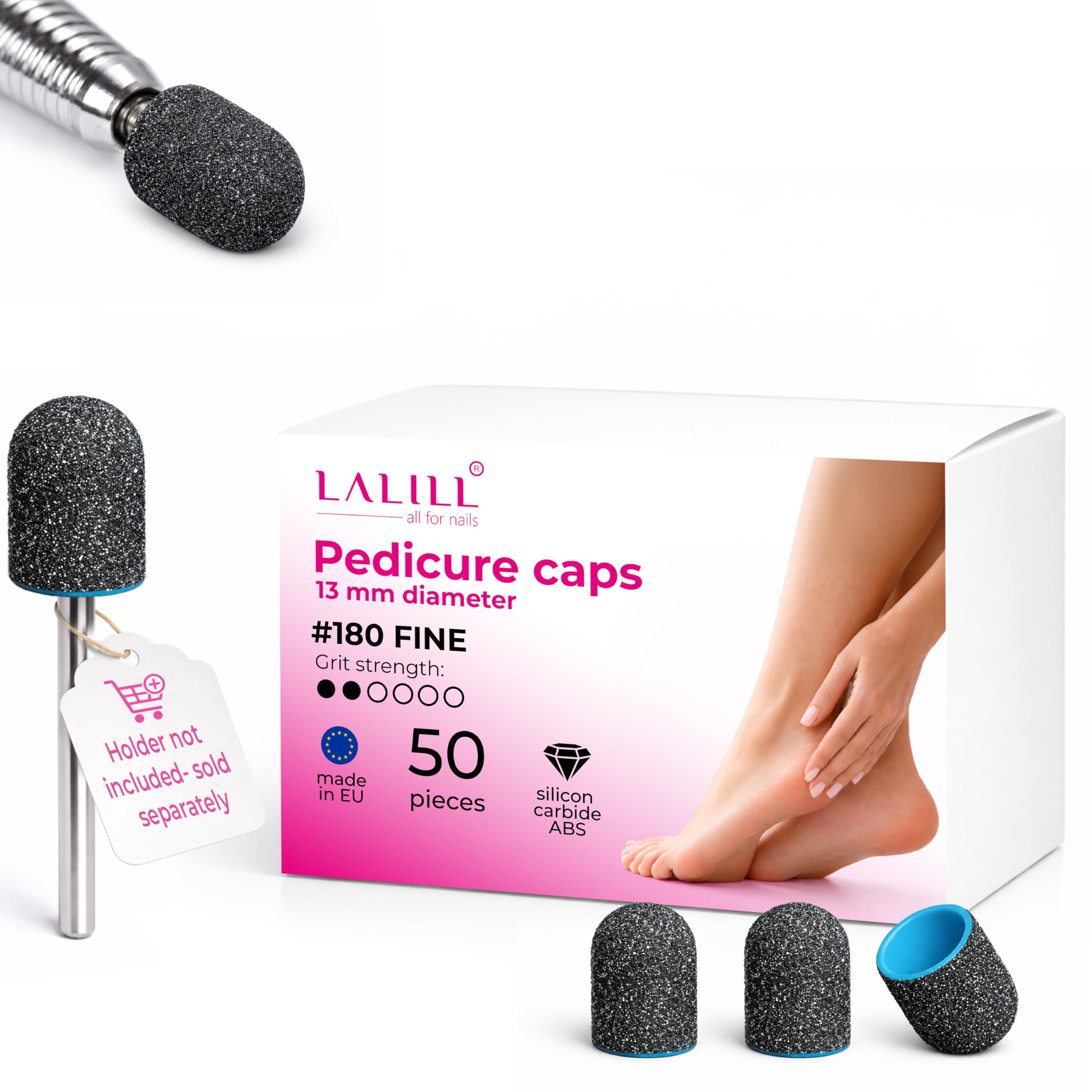 LALILL Sanding Caps LUX Pack of 50 - Graphite Milling Caps for Nail Cutters - Manicure, Pedicure & Podiatry - Attachments for Foot Care, Callus Removal, Nail Modeling, 13 mm 180 Grit