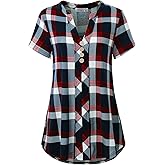 MOQIVGI Womens Notch Neck Short Sleeve Plaid Shirts Checkered Blouse Tops