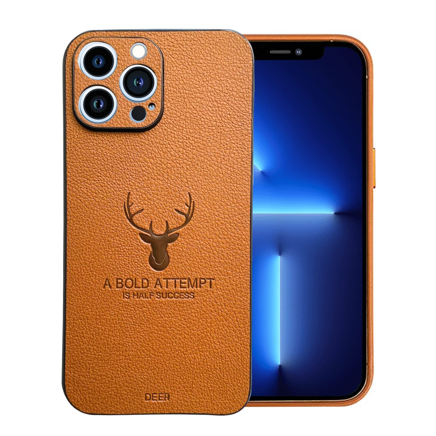 TWICK Faux Leather Case for iPhone 13 Pro Max size only, Deer Horns Design on the back case, Camera Protection, Shockproof Cover (13 Pro Max- Brown)