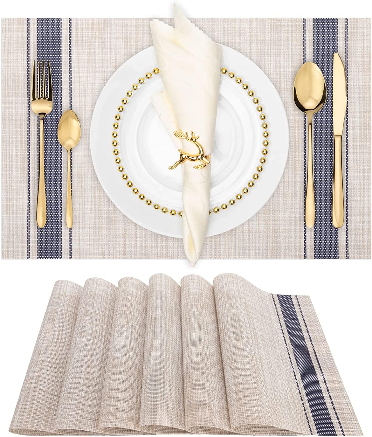 WUBAYI Placemats, Set of 6 Table Mats Heat Resistant Stain Resistant Non-Slip Woven Vinyl Insulation Placemats, Washable Durable Elegant Table Mats for Kitchen Dinning Restaurant(Beige Blue)