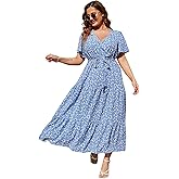 KOJOOIN Womens V Neck Wrap Maxi Dress Short Sleeves High Waist