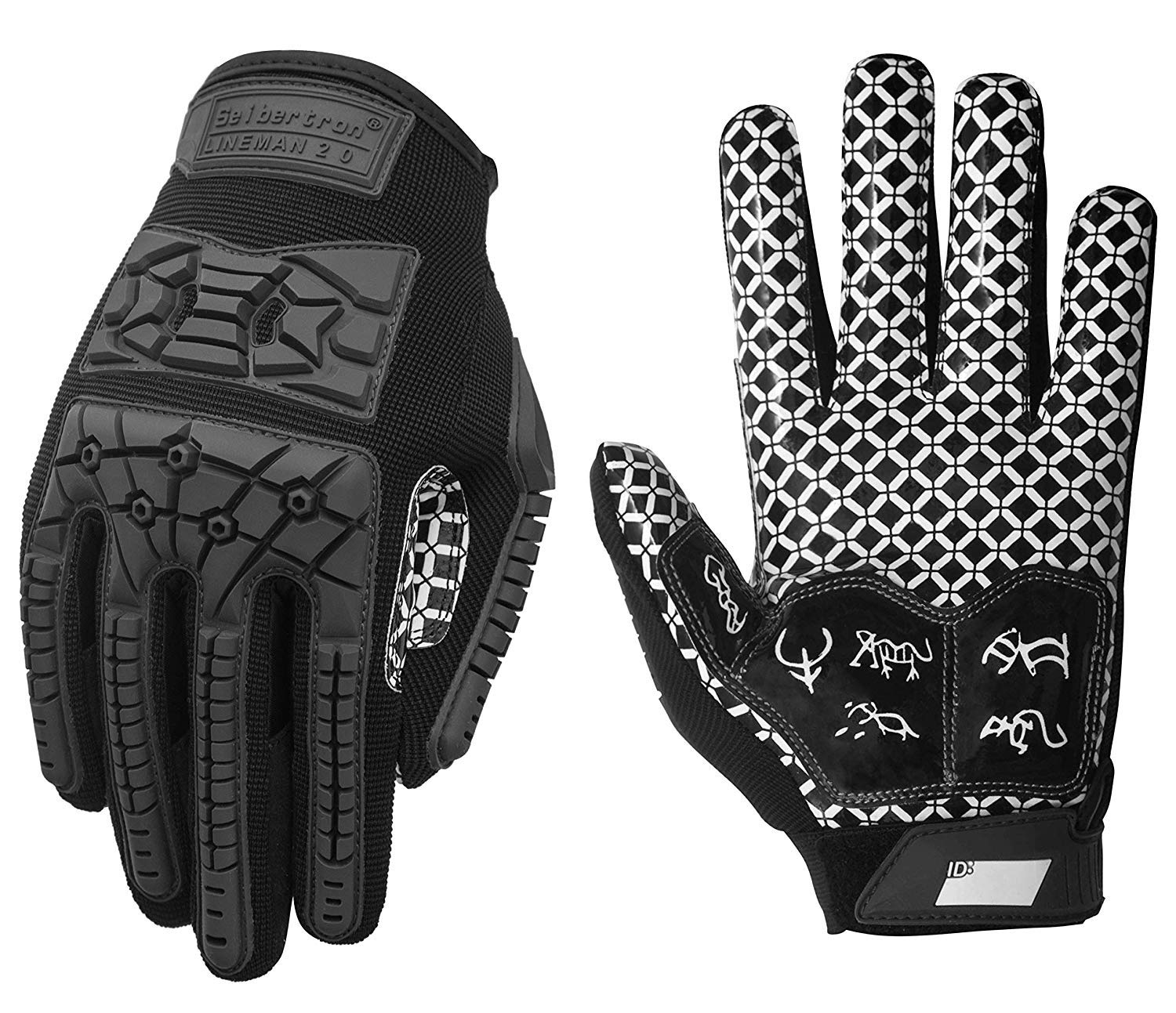Seibertron Lineman 2.0 Padded Palm Football Receiver Full Finger Gloves, Flexible TPR Impact Protection Back of Hand Glove Youth Black XL