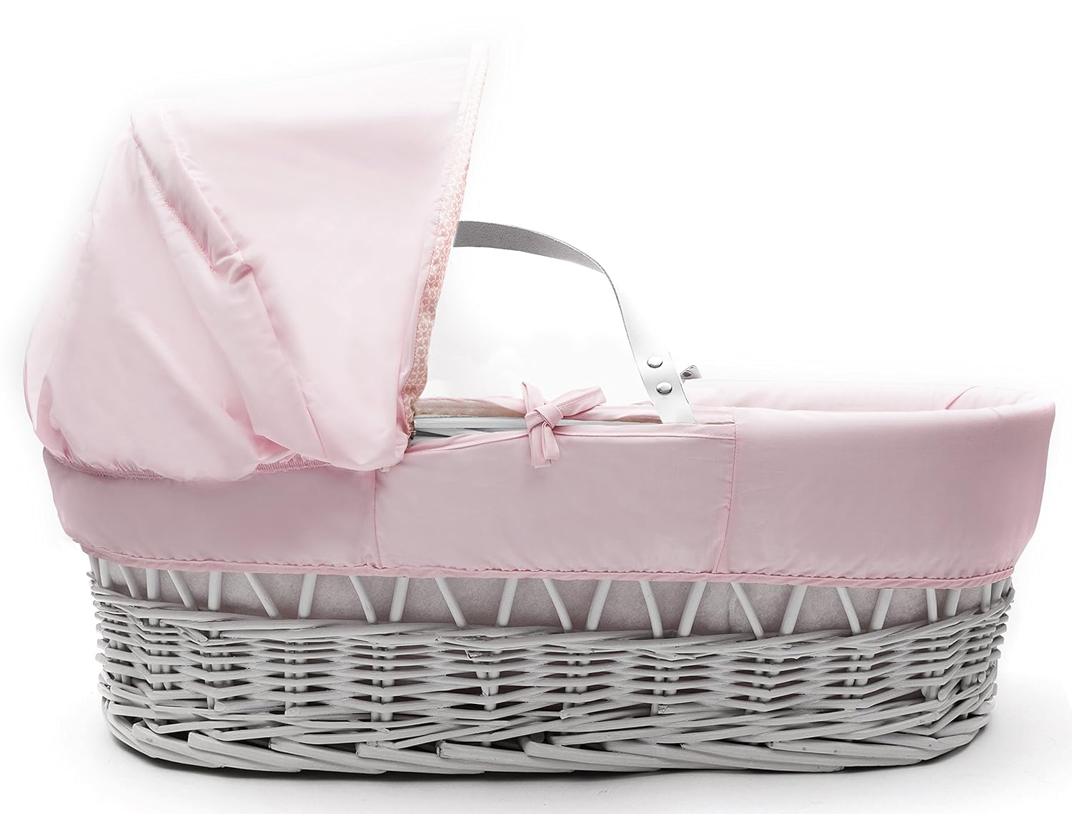Beary Nice Pink White Wicker Moses Basket & Deluxe White Rocking Stand