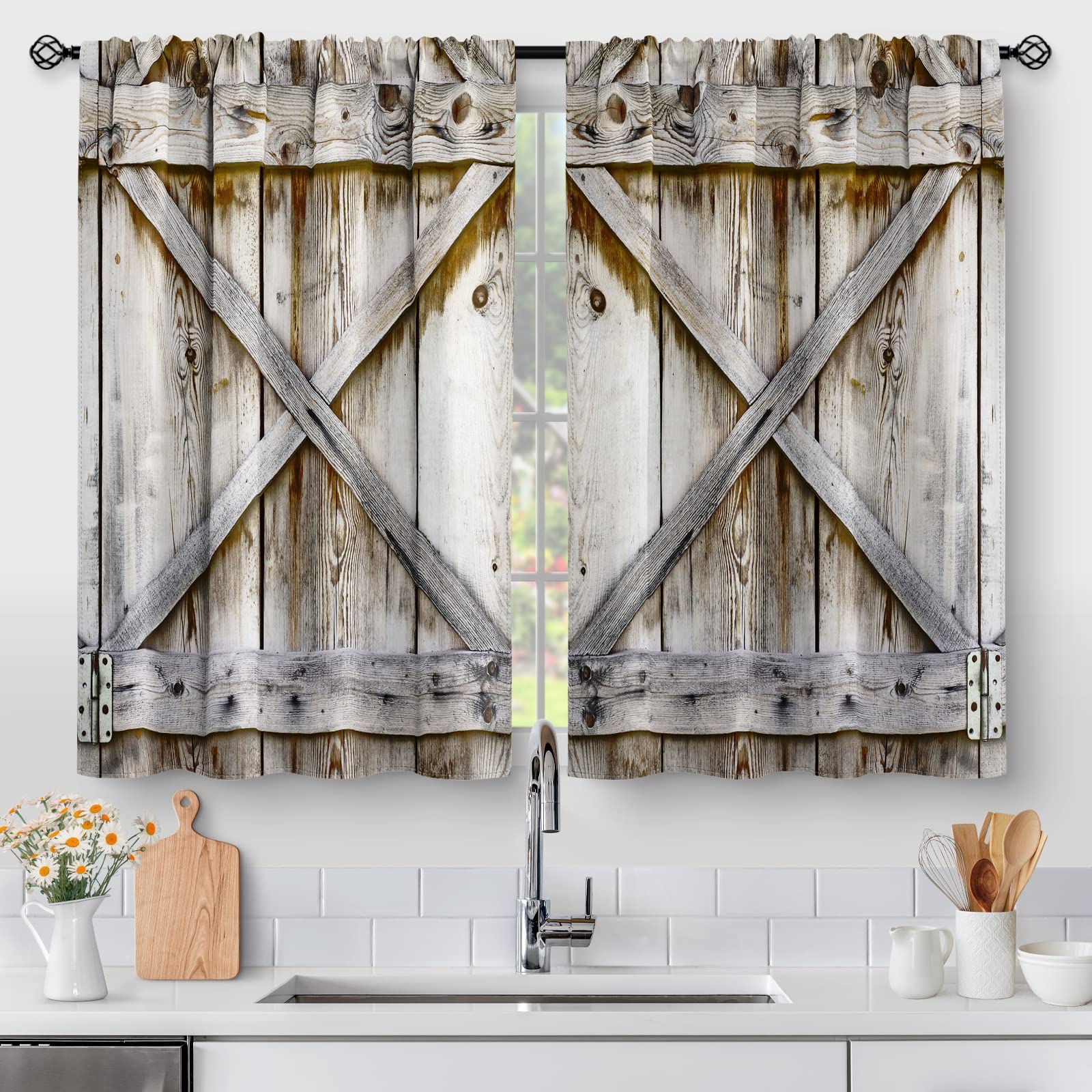 Photo 1 of Aimego Farmhouse Country Wood Kitchen Curtains - Wooden Barn Door Vintage Short Tier Curtains Over Sink Natural Rustic Farm Decor Rod Pocket Window Drapes 36 Inch Length 2 Panel Set, 28"x36"