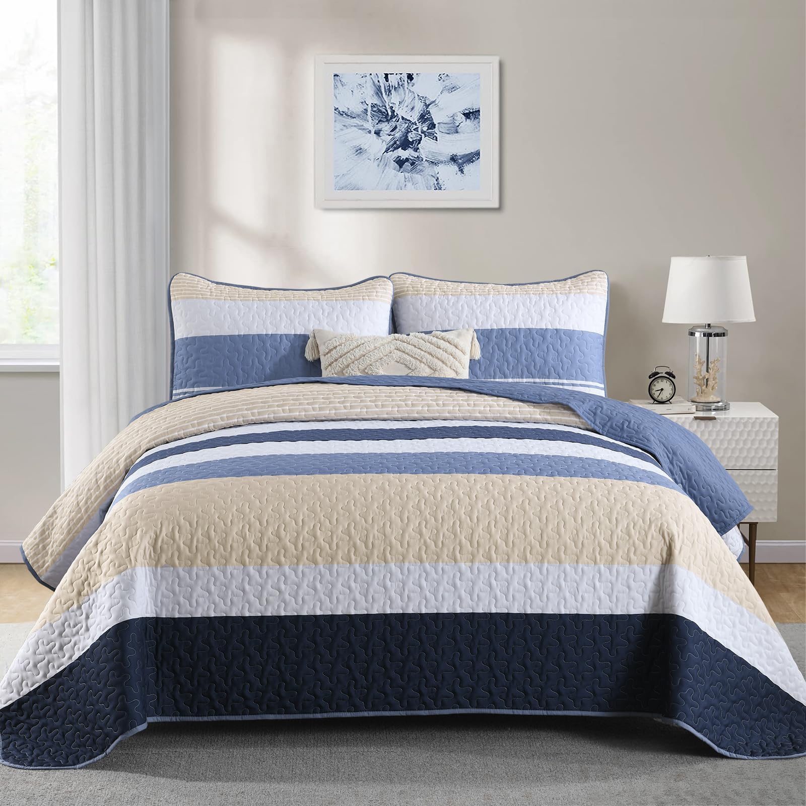 Photo 1 of Dinjoy Boho Striped Quilt California King Quilts Sets,Blue/Grey Cal King Bedspread Lightweight Bedding Set Oversized Beds Coverlet for Summer Men All Season - 3 Piece