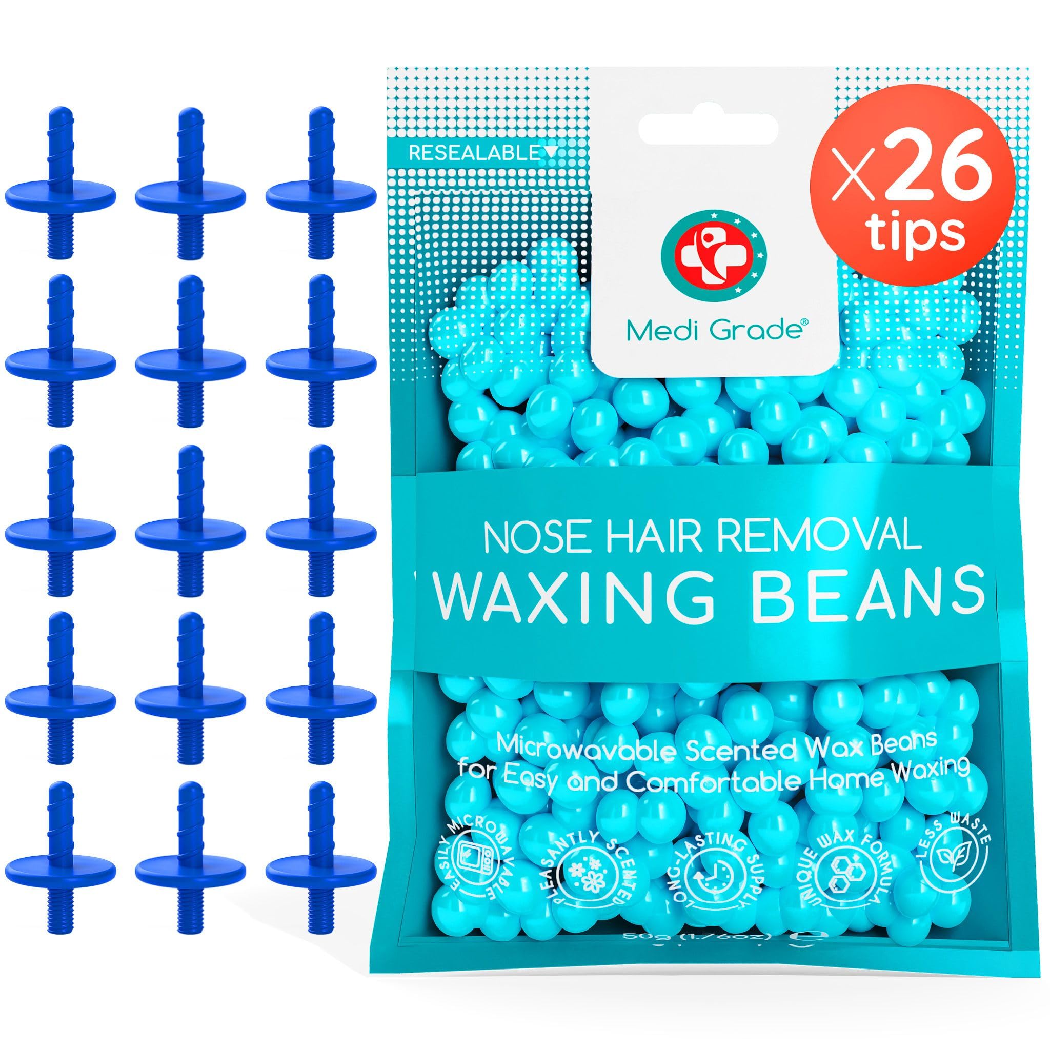 Medi Grade Nose Waxing Beads and Replacement Tips for the Medi Grade Nose Waxing Kit - Eco-friendly, Cost Effective Waxing Beads Refill for Unsightly, Itchy Nasal Hair - 50g of Beads and 26 Tips