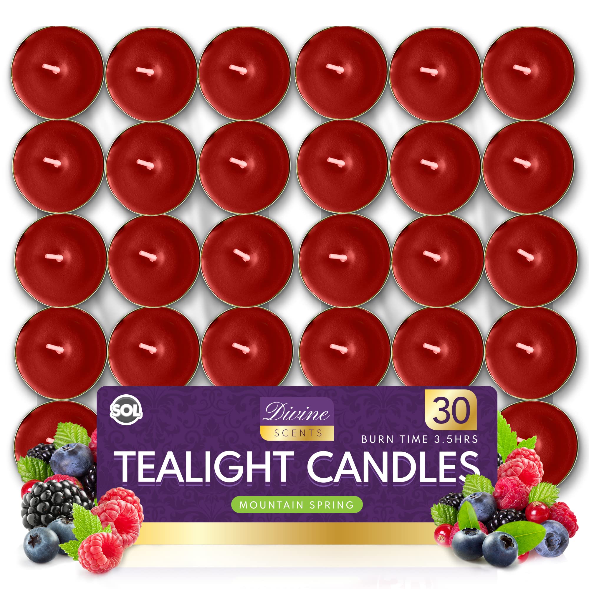 SOL 30pk Tea Light Candles Fresh Berries – 3.5 Hour Burn Time, Scented Tea Lights, Long-Lasting and Ideal for Home, Relaxation, Romantic Dinners, Weddings, Festive Decor, Cosy Evenings