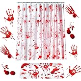 Tatuo 6 Pcs Halloween Bloody Shower Curtain Set with Door Mat and Clings | Bloody Handprint Footprint Pattern, Waterproof Bloody Bath Curtain, Removable Decals for Bathroom Door Window Halloween Decor