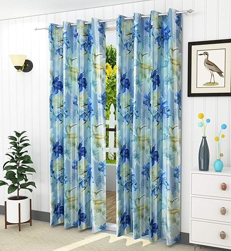 Lavichitra Polyester Floral Eyelet Long Door Curtains 8 Ft Blue