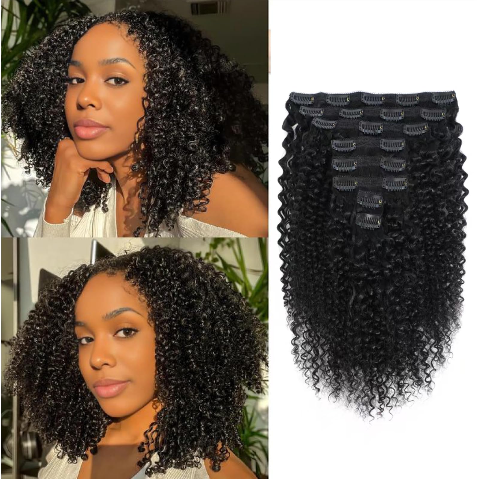 Yacurcur Kinky Curly Clip In Hair Extensions Real Human Hair 3C 4A Kinky Curly Clip Ins for Women Brazilian Remy Human Hair Virgin Hair 8 Pcs Natural Black (12 Inch)