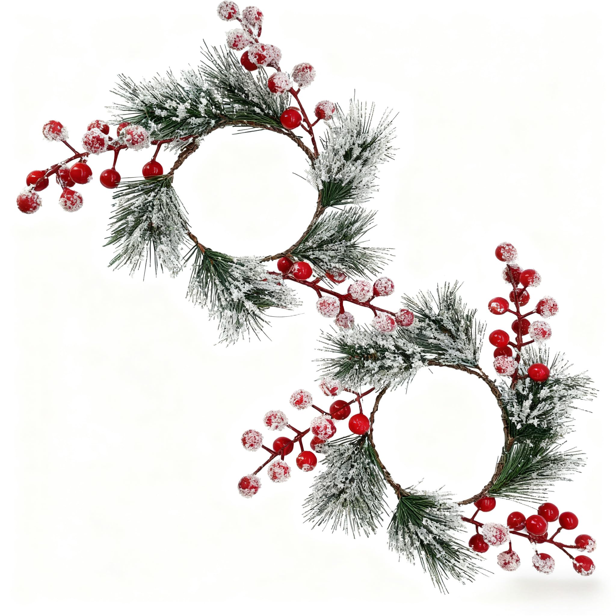 Photo 1 of 2 PCS Christmas Candle Ring Wreaths Snowy Pine Red Beaded Berry Wreath 7.8 Inch for Table Centerpieces Cabinets Decor