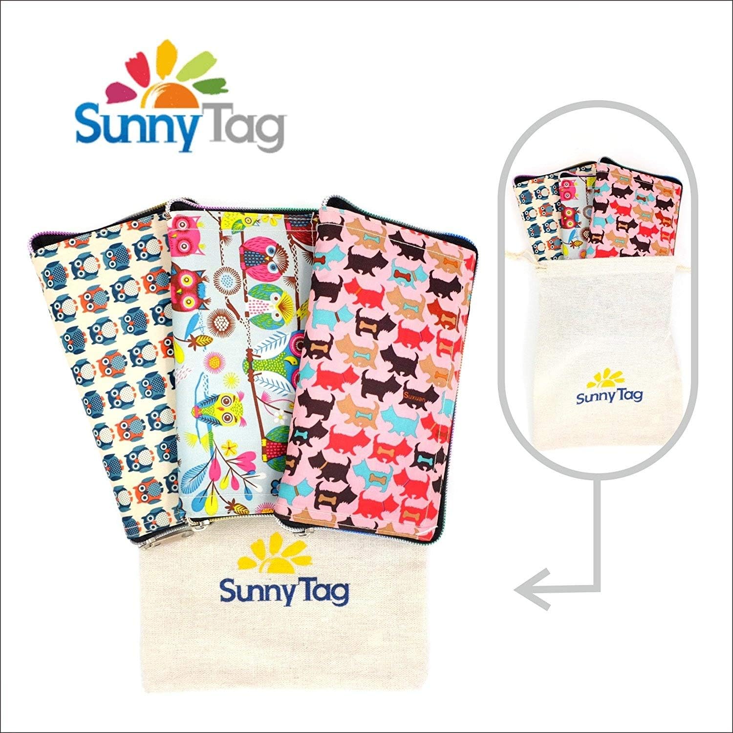 Sunny Tag 3-Pack Foldable Reusable Eco-Friendly Grocery Bags Wallet Style Shopping Travel Tote Owls Dogs Water Repellent Washable Heavy Duty Hold up to 33 LBS or 15 KG