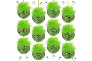 EMPOF Christmas Tree Decorations - 12 PCS Griinchs Christmas Decorations Tree Ornaments Balls with Fuzzy Hair + Face Stickers, Indoor Hanging Christmas Decorations for Home Wall Fireplace Office