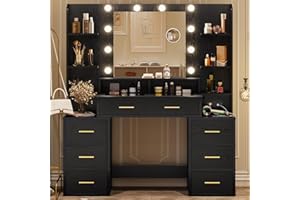 HAUOMS Makeup Vanity with Mirror and Lights, 10x Magnifying Mirror, Glass Top Vanity Desk with Power Outlet, 8 Drawers & 6 Shelves, 3 Light Settings, Wood-Grain Black