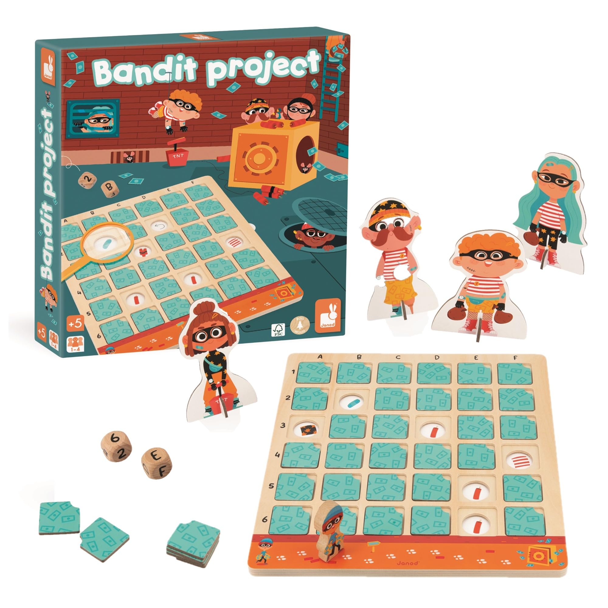 Janod - Bandit Project - A Children’s Game of Logic and Reflection - Double-Entry Board - FSC Wood and Cardboard Game - 5 Years +, J05087