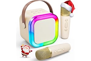 Verkstar Mini Karaoke Machine for Kids Adults, Portable Bluetooth Karaoke Speaker with 2 Wireless Microphones for Kids Teens Adults, Ideal Gifts for Girls Boys Birthday Holiday Home Party (Beige)