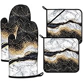 Black White Gold Marble Oven Mitts and Pot Holders Set 4 Pcs Extra Long Heat Resistant Gloves Potholder for Baking, BBQ, Grilling