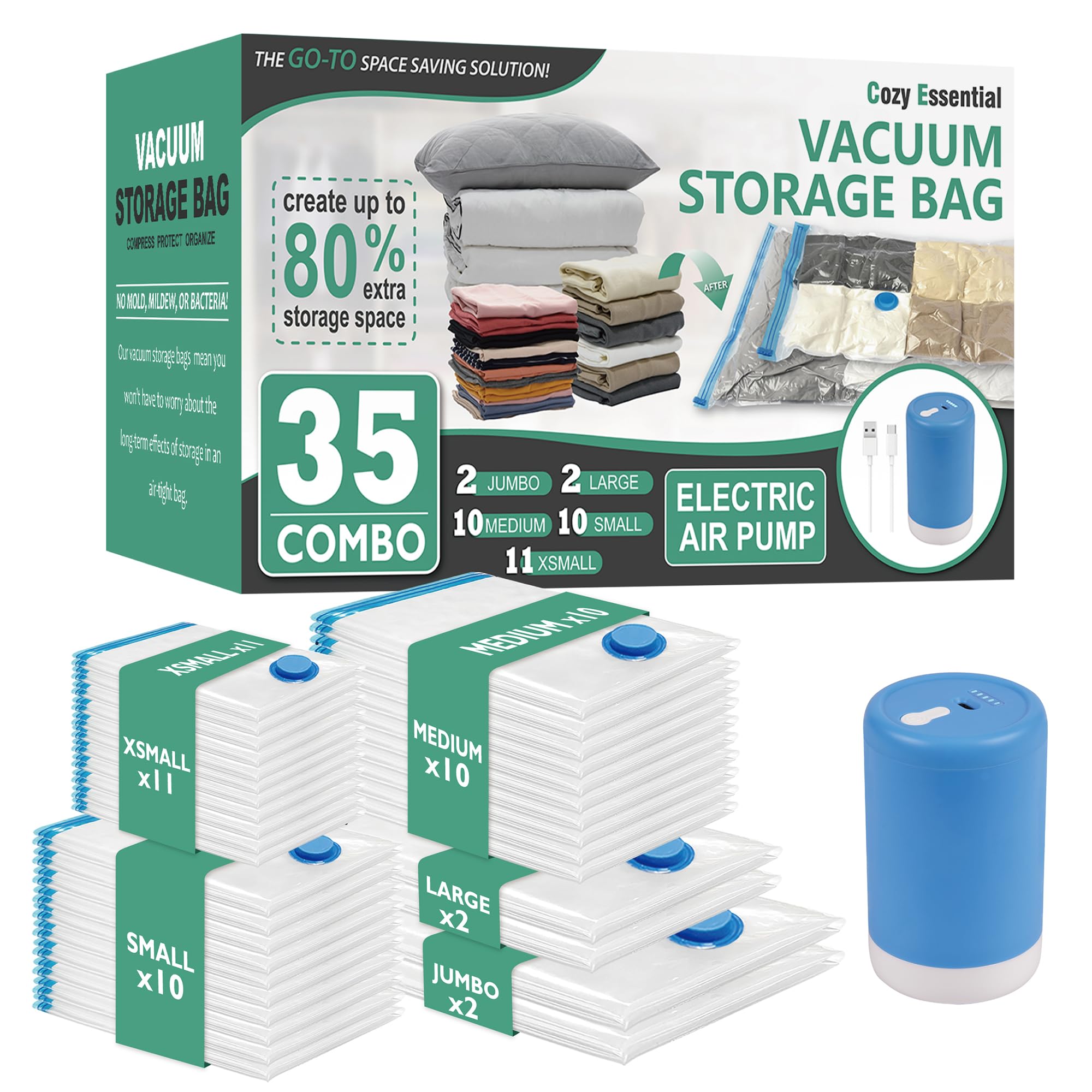Photo 1 of Cozy Essential 35 Pack Vacuum Storage Bags with Electric Pump, Vacuum Seal Space Saver Bags for Clothing, Pillows, Blanket, Bedding, Comforters