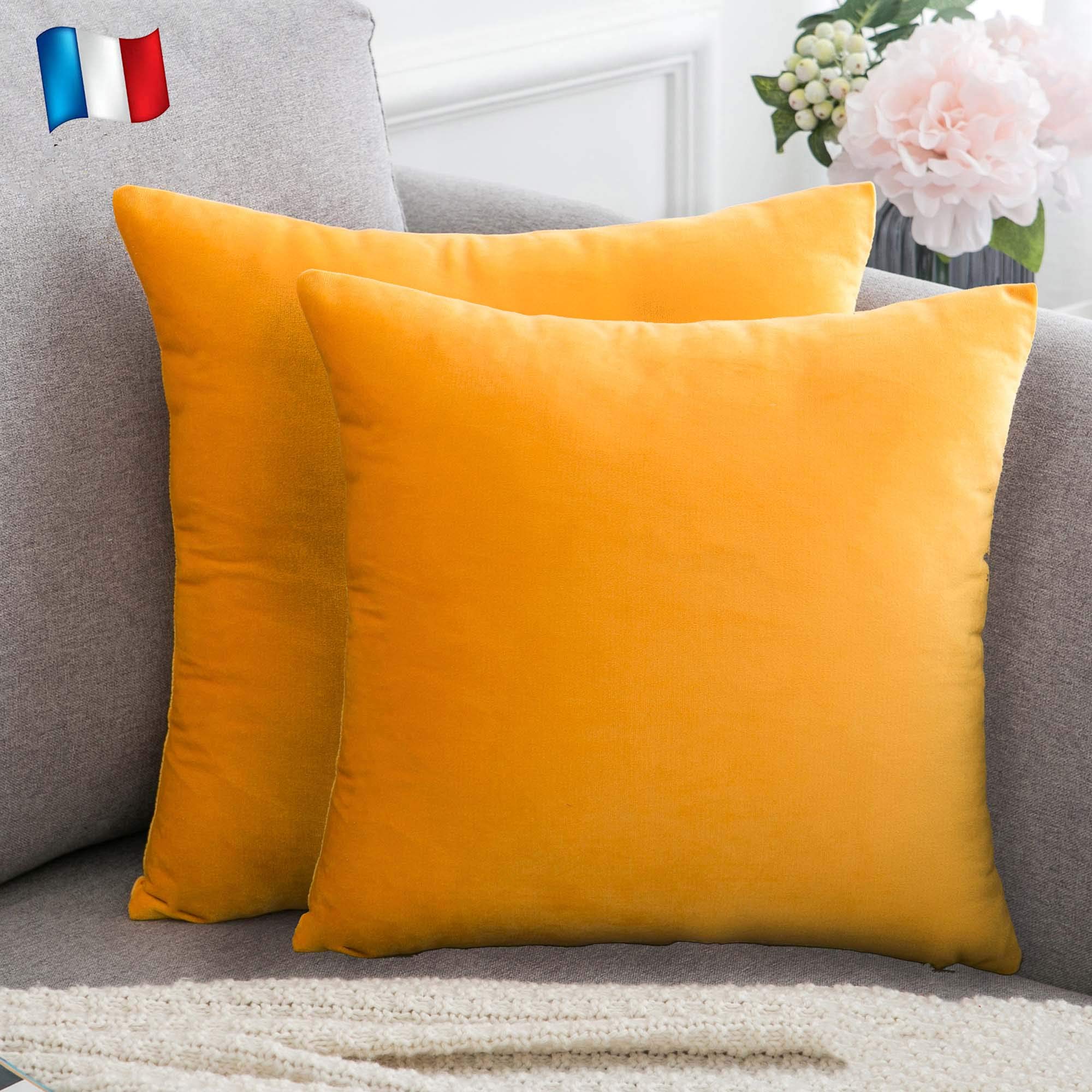 Douceur De Plumes Set of 2 Cushion Cover Yellow Mustard Orange Velvet 16x16 Inch Plain, Soft and Modern Pillowcase, Scandinavian Living Room Decoration Sofa Bed Room Floor (2 Yellow Mustard Orange)