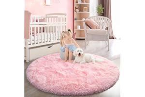 FlyDOIT Pink Round Rug for Bedroom, Super Fluffy Circle Rugs for Baby Nursery, 4'X4' Feet Furry Carpet for Children Kids Room, Cute Soft Shaggy Rug for Girls Home Decor, Fuzzy Plush Carpets for Dorm