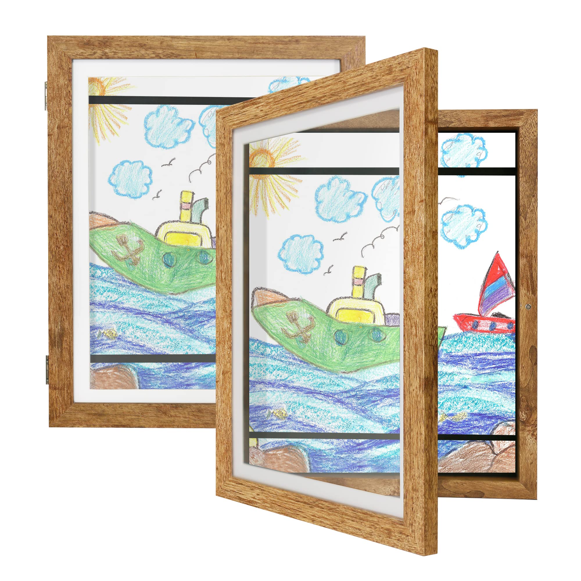 Photo 1 of **SOME SCRATCHES ON FRAME** iRahmen Kids Artwork Frame Set of 2 - 9x12 Front Opening Childrens Art Frames Changeable, Brown Artwork Display Storage Frame for Wall Mount, Magnetic Door Holds 50 Art Pieces for Drawings, 3D Picture, Crafts, Portfolio